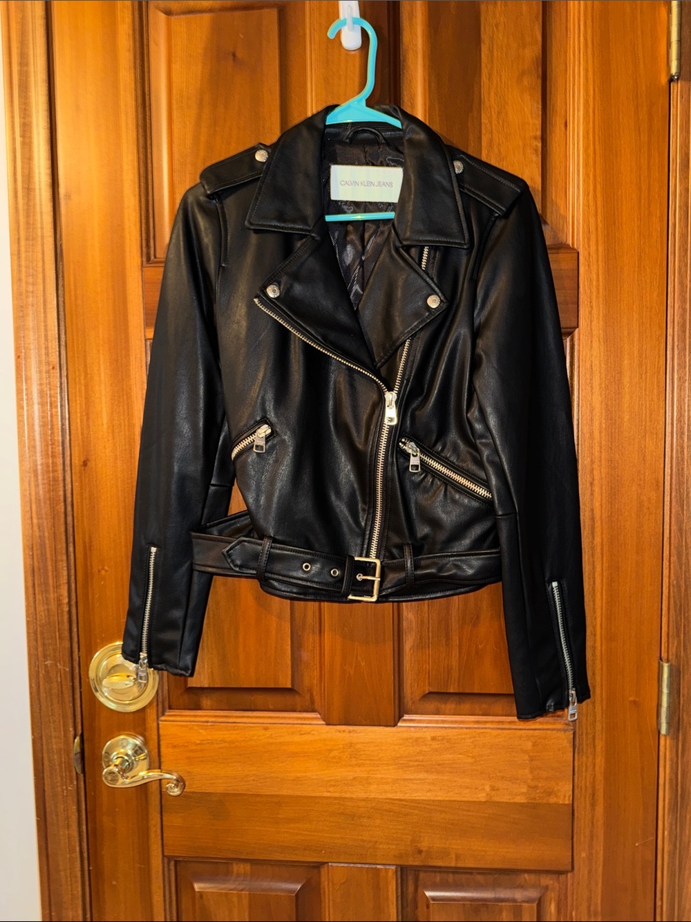 Calvin Klein Black Faux Leather Biker Jacket with Belt